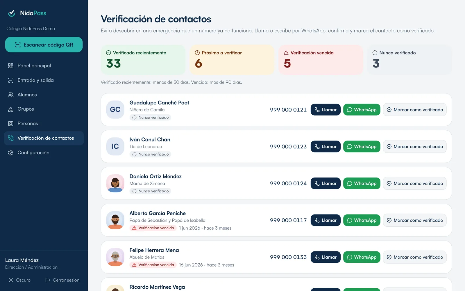 Reporte de verificación de contactos